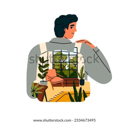 Tourist travels with backpack, missing, remembering sweet home. Man traveler thinking, dreaming about house during trip, journey, relocation. Flat vector illustration isolated on white background
