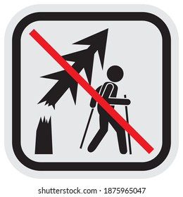 Tourist and tree. Caution, danger of falling trees, vector icon, black and gray frame.