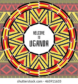 Tourist tribal Uganda vector design. African ethnic print for travel card, banner or flyer template. Vacation illustration in Ugandan flag colors - black, yellow and red.