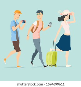 Tourist trip, vacation abroad, travelling flat vector illustrations set.