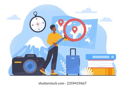 Tourist vacation concept. Man with magnifying glass near world map, suitcase and books. Travel and active lifestyle. Vacation and holiday. Navigation and geolocation. Cartoon flat vector illustration