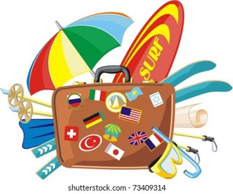 tourist valise with different accessory for journey
