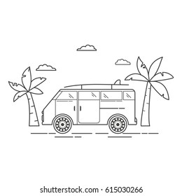 The tourist van with palm trees in linear style a vector.The family bus for travel.The summer van for country rest.RV travel bus.Road trip