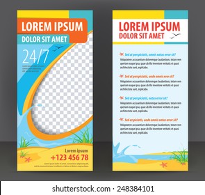 Tourist vector flat sided flyer with sea and sand, brochure design for Travel Company