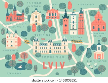 Tourist vector map of Lviv city, Ukraine, landmarks. polish language: st. george's cathedral, opera, hight castle, old town, bernardine church, organ hall, pototsky palace, pinzel museum, parks