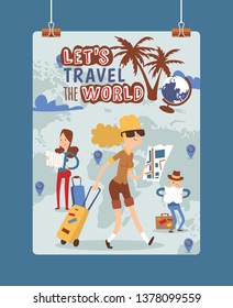 Tourist vector traveling people traveler man woman character sightseeing illustration backdrop tourism vacation and journey holiday lifestyle background.