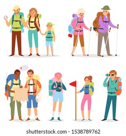 Tourist vector traveling people tripper traveler man woman camper character with backpack on vacation illustration. Set of person hiker on journey adventure isolated on white background.