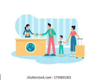 Tourist visa application 2D vector web banner, poster. Parents and child with suitcases flat characters on cartoon background. Family vacation printable patch, colorful web element