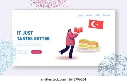 Tourist Visiting Oriental Restaurant, Cooking Workshop Class Website Landing Page. Woman Carry Tray with Tea near Plate with Turkish Sweets and Flag Web Page Banner. Cartoon Flat Vector Illustration