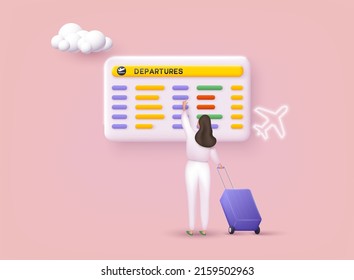 Tourist waiting for departure in an airport. Time to travel concept. 3D Web Vector Illustrations.