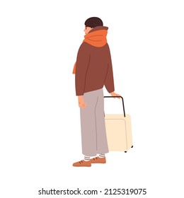 Turista esperando con maleta. Viajero de pie con equipaje de ruedas. Mujer pasajera con equipaje en las manos. Persona con bolso de viaje al aire libre. Ilustración vectorial plana aislada en fondo blanco