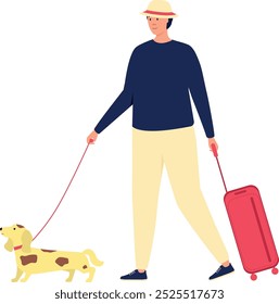 Tourist walk with dog. Man going to vacation trip