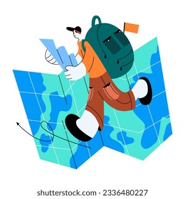 Turista caminando con mapa, buscando el peso adecuado. Concepto de viajes y turismo. Viaje de vacaciones de verano. Visita de agencia de viajes. Concepto de recreación activa. Ilustración vectorial plana en estilo de dibujos animados