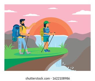 Tourist walking near waterfall vector illustration. Backpackers, campers with sticks cartoon characters. Ecotourism fans enjoying natural environment. Hikers with trekking poles rambling in hill