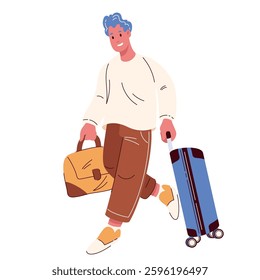 Tourist walking with suitcase and bag. Happy man carrying handbag, rolling blue suitcase by handle. Journey mascot, cartoon passenger with luggage in hurry at airport cartoon vector illustration
