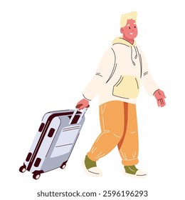 Tourist walking with suitcase. Funny young male character in hoodie holding handle of plastic suitcase to carry. Tourism, vacation mascot, cartoon happy man with luggage vector illustration