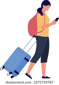 Tourist walking through the airport terminal, pulling a suitcase and carrying a backpack while checking her smartphone for flight information on the way to the boarding gate