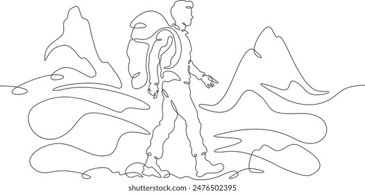 A tourist walks in the mountains. Travel. Mountain climbing .Tourist with a backpack.One continuous line. Line art. Minimum one line. White background. One line drawing.