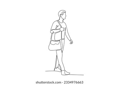 A tourist walks over carrying a bag. World tourism day one-line drawing
