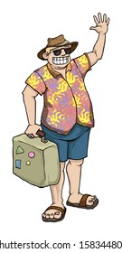 Tourist waving, with big old suitcase, vector illustration