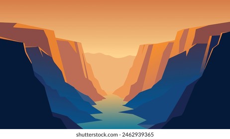 
Tourist went to the bottom of canyon and admired the beauty of basalt columns. Beauty of nature concept background. flat vector illustration.