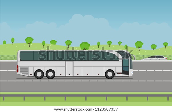 Tourist white modern bus neoplan on the road, highway,\
autobahn. Very fast driving. Bus riding fast. Touristic and travel\
concept. Bus traveling. Time to travel. Passengers. Vector\
illustration. 