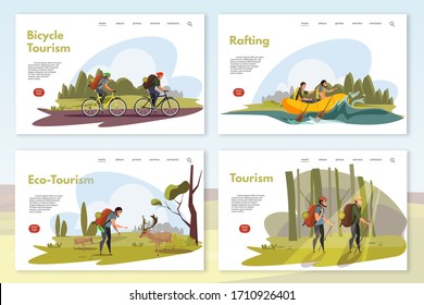 Tourist in wilder Vektorillustration Webseiten Set. Männliche Rucksacktouristen auf Mountainbikes. Extreme Sportfans genießen Wasserrafting. Wanderer mit Trekking-Stöcken, die im Wald zittern, und Hirsche treffen