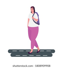 tourist woman with backpack on the street vector illustration design