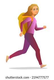 Tourist woman with backpack. Runs down road. Girl traveler smiles. Goes on trip. Isolated on white background. Vector