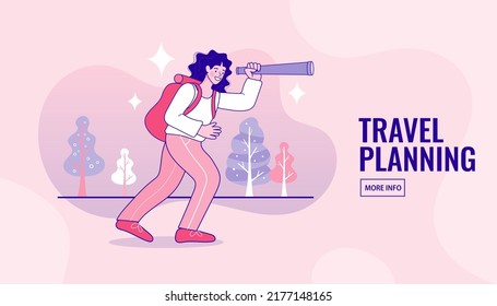Tourist woman carrying a backpack and looking through big binoculars far ahead. Observation, discovery, future concept. Vector cartoon outline illustration in modern concept.