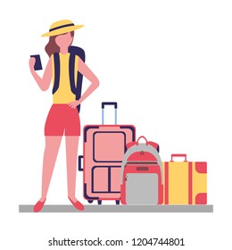 tourist woman with cellphone and luggage