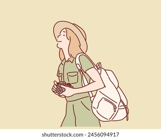 Tourist woman. Hand drawn style vector design illustrations.