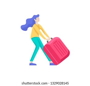 Tourist woman with laggage travelling alone, go on journey. Traveler in various activity with luggage and equipment. Vector illustration
