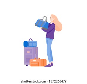 Tourist woman with laggage travelling alone, go on journey. Traveler in various activity with luggage and equipment. Vector illustration