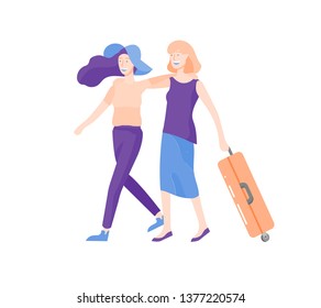 Tourist woman with laggage travelling alone, go on journey. Traveler in various activity with luggage and equipment. Vector illustration