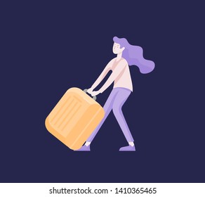 Tourist woman with laggage travelling alone, go on journey. Traveler in various activity with luggage and equipment. Vector illustration