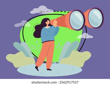 Tourist woman looking through big binocular device far ahead. Tiny female person travelling with field glasses flat vector illustration. Information search, travelling concept