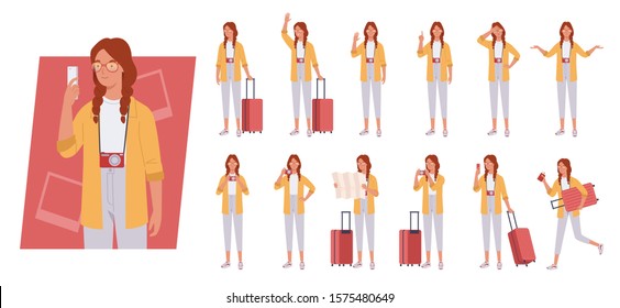 Tourist woman with luggage character set. Different poses and emotions. Vector illustration in a flat style