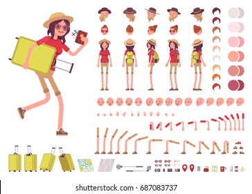 Tourist woman with luggage, wearing comfy travel outfit. Character creation set. Full length, different views, emotions and gestures. Build your own design. Vector illustration