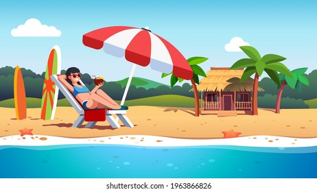 Tourist woman lying on deck chair sunbathing under beach umbrella drinking coconut juice cocktail. Sea shore with palms exotic hut house hotel. Summer vacation resort flat vector isolated illustration