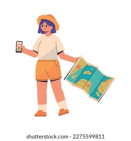 tourist woman with map and phone