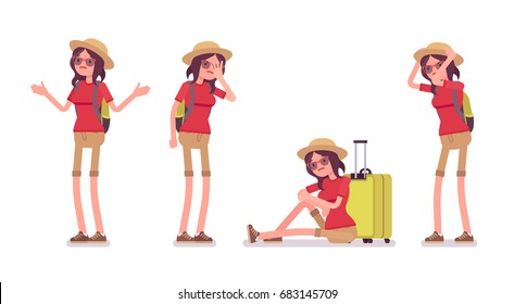 Tourist woman negative emotions set. Lady sad with delayed flight, forgetting passport, trip problems or mishaps, language barrier. Vector flat style cartoon illustration, isolated, white background