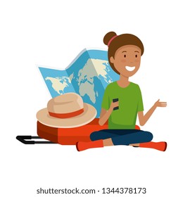 tourist woman with paper map and suitcase and hat