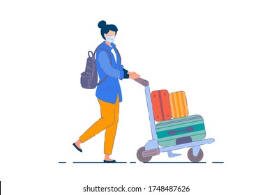 Tourist woman. Passenger person in mask carrying backpack, pushing cart with luggage suitcases during coronavirus pandemic. Woman tourist traveler cartoon character, tourism concept