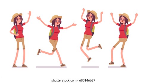 Tourist woman positive emotions. Lady wearing comfy outfit, happy with foreign tour, good travel agency service, pleasant journey. Vector flat style cartoon illustration, isolated, white background