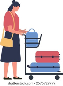 Tourist woman pushing a luggage trolley filled with suitcases and a backpack at the airport terminal, getting ready for departure or arrival while navigating through the bustling space