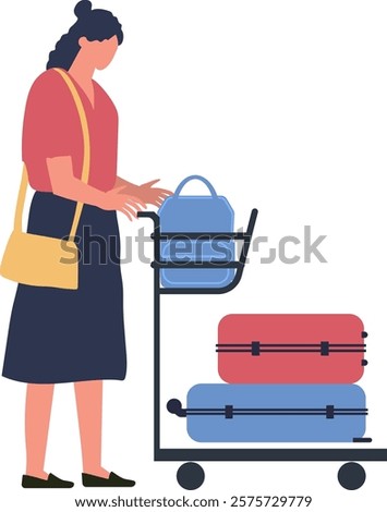 Tourist woman pushing a luggage trolley filled with suitcases and a backpack at the airport terminal, getting ready for departure or arrival while navigating through the bustling space