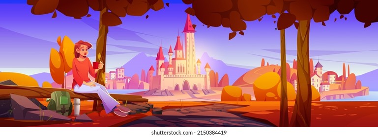 Tourist woman relax at scenery autumn landscape with medieval castle at cliff over blue sea surface. Girl drink tea at roadside, travel to beautiful town with fortress, Cartoon vector illustration