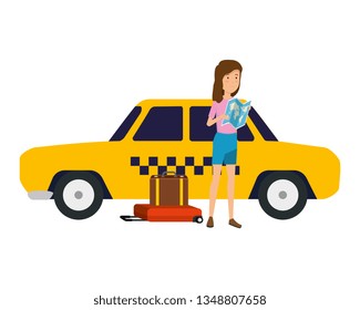 tourist woman with suitcases and taxi