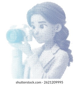 A tourist woman is taking a picture with a camera retro modern halftone cartoon
